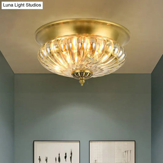 Colonial Glass Brass Ceiling Flush Light - Small Balcony Mount Fixture / Round Canopy