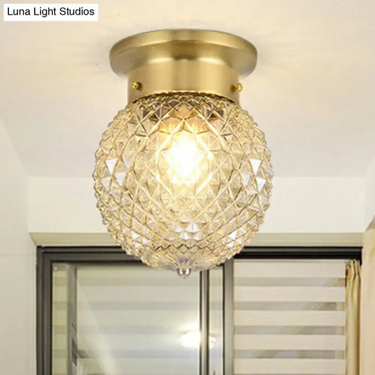 Colonial Glass Brass Ceiling Flush Light - Small Balcony Mount Fixture / Globe