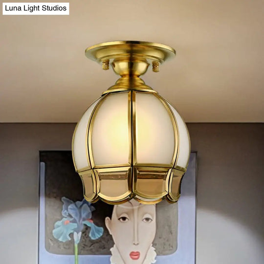 Colonial Glass Brass Ceiling Flush Light - Small Balcony Mount Fixture / Cylinder