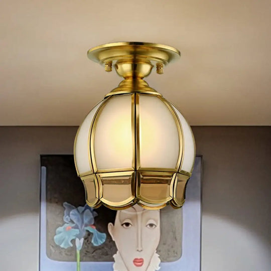 Colonial Glass Brass Ceiling Flush Light - Small Balcony Mount Fixture / Cylinder