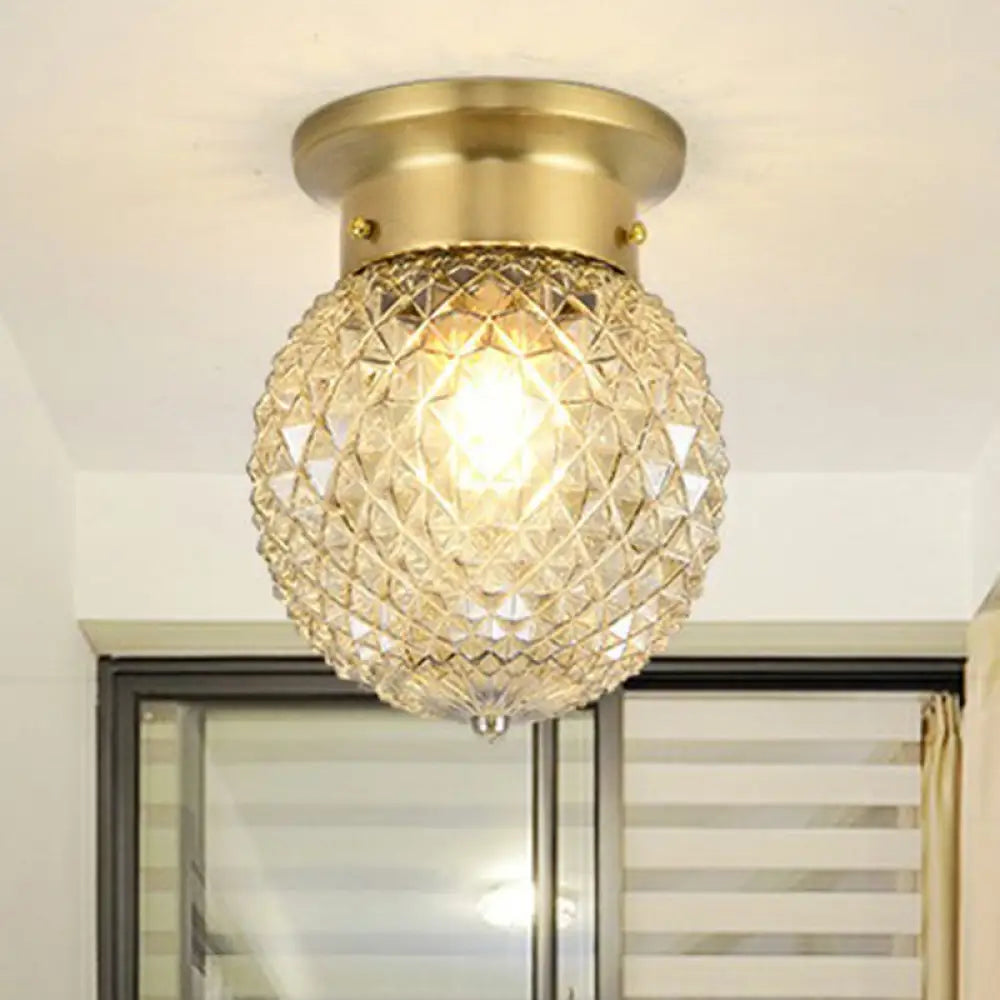 Colonial Glass Brass Ceiling Flush Light - Small Balcony Mount Fixture / Globe