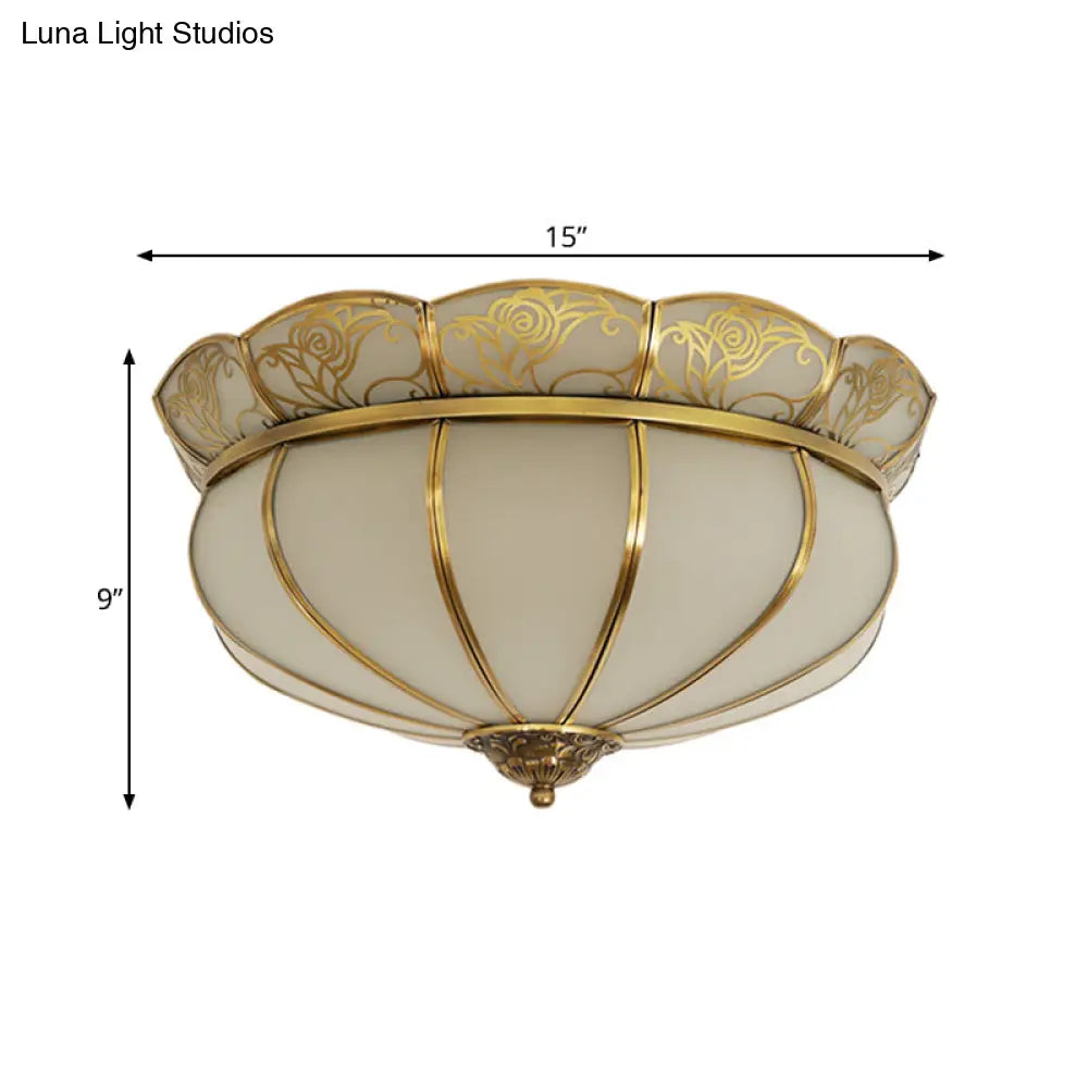Colonial Glass Dome Ceiling Light With 5 Brass Heads For Bedroom Flush Mount