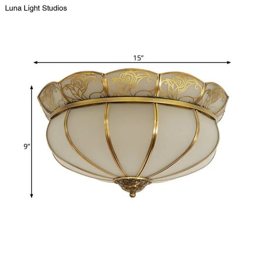 Colonial Glass Dome Ceiling Light With 5 Brass Heads For Bedroom Flush Mount