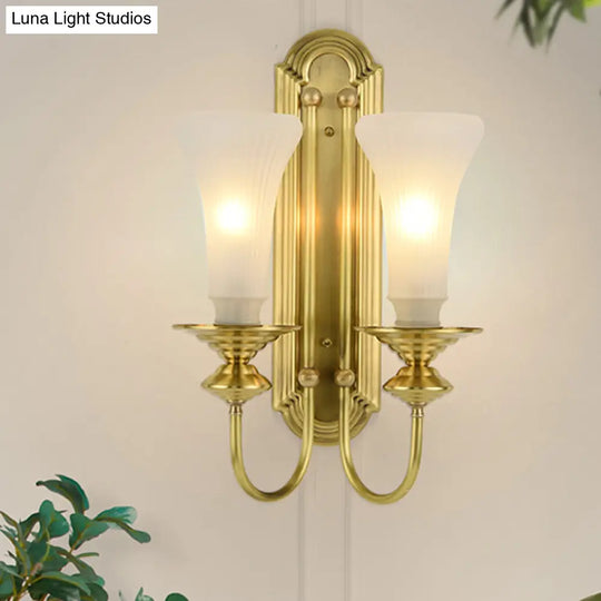 Colonial Gold Bell Sconce With Frosted Glass And Gooseneck Arm