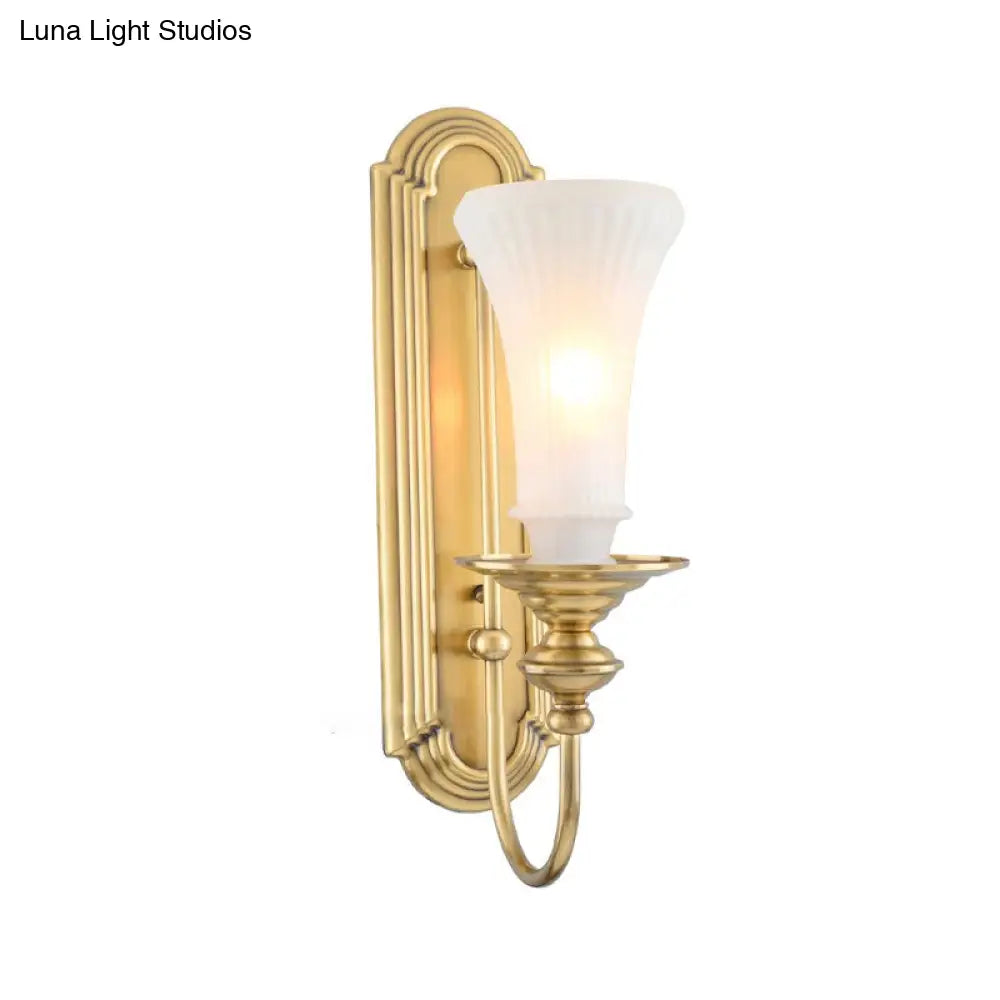 Colonial Gold Bell Sconce With Frosted Glass And Gooseneck Arm