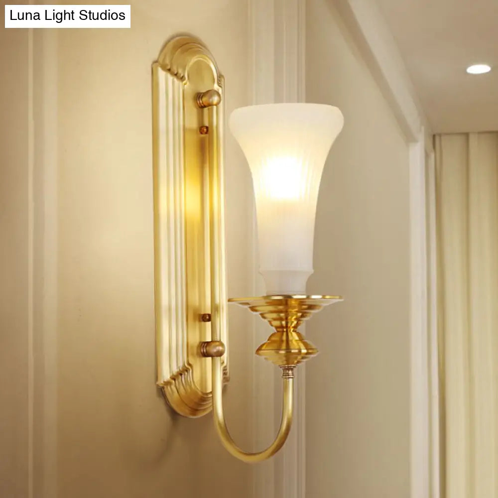 Colonial Gold Bell Sconce With Frosted Glass And Gooseneck Arm