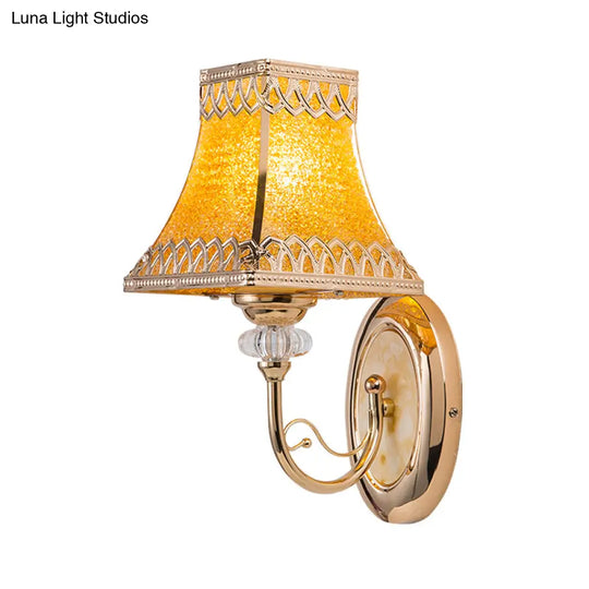 Colonial Gold Bell Wall Sconce With Beveled Glass And Arched Arm For Indoor Use