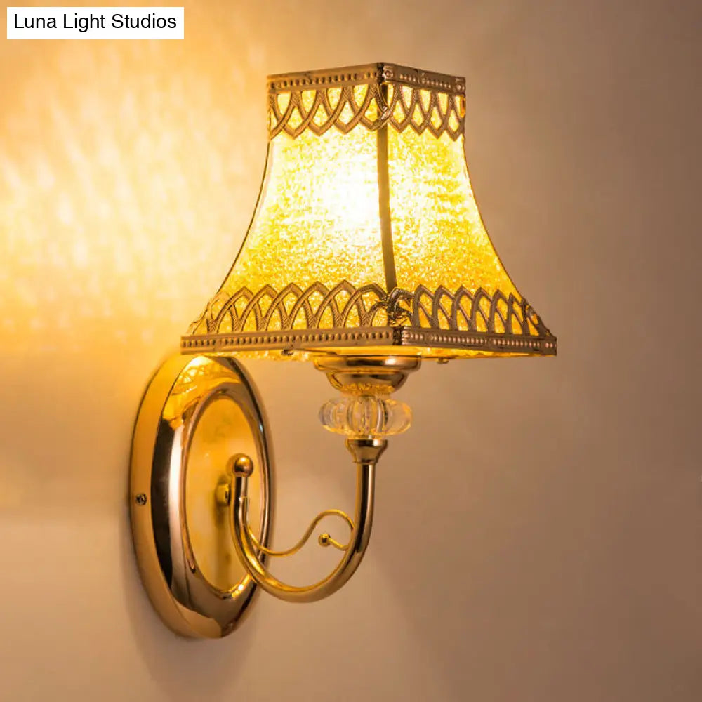 Colonial Gold Bell Wall Sconce With Beveled Glass And Arched Arm For Indoor Use