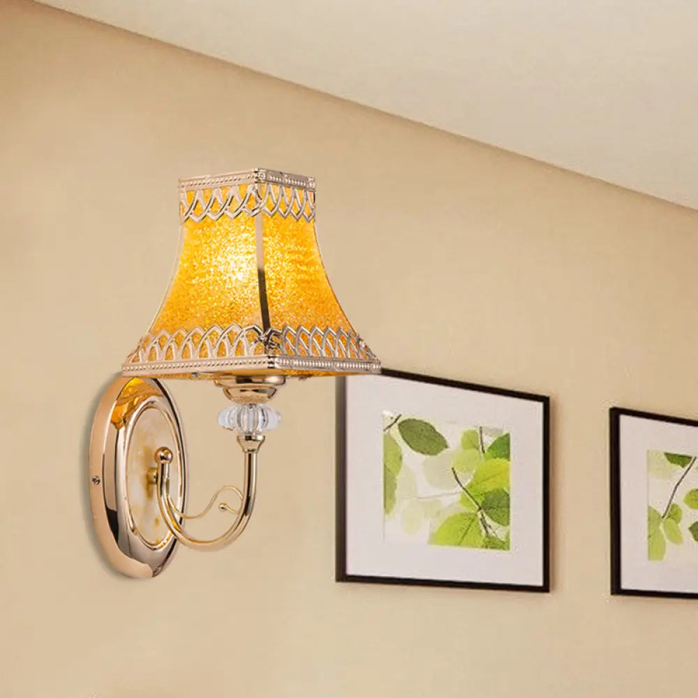 Colonial Gold Bell Wall Sconce With Beveled Glass And Arched Arm For Indoor Use