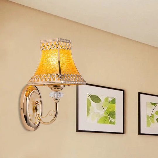 Colonial Gold Bell Wall Sconce With Beveled Glass And Arched Arm For Indoor Use