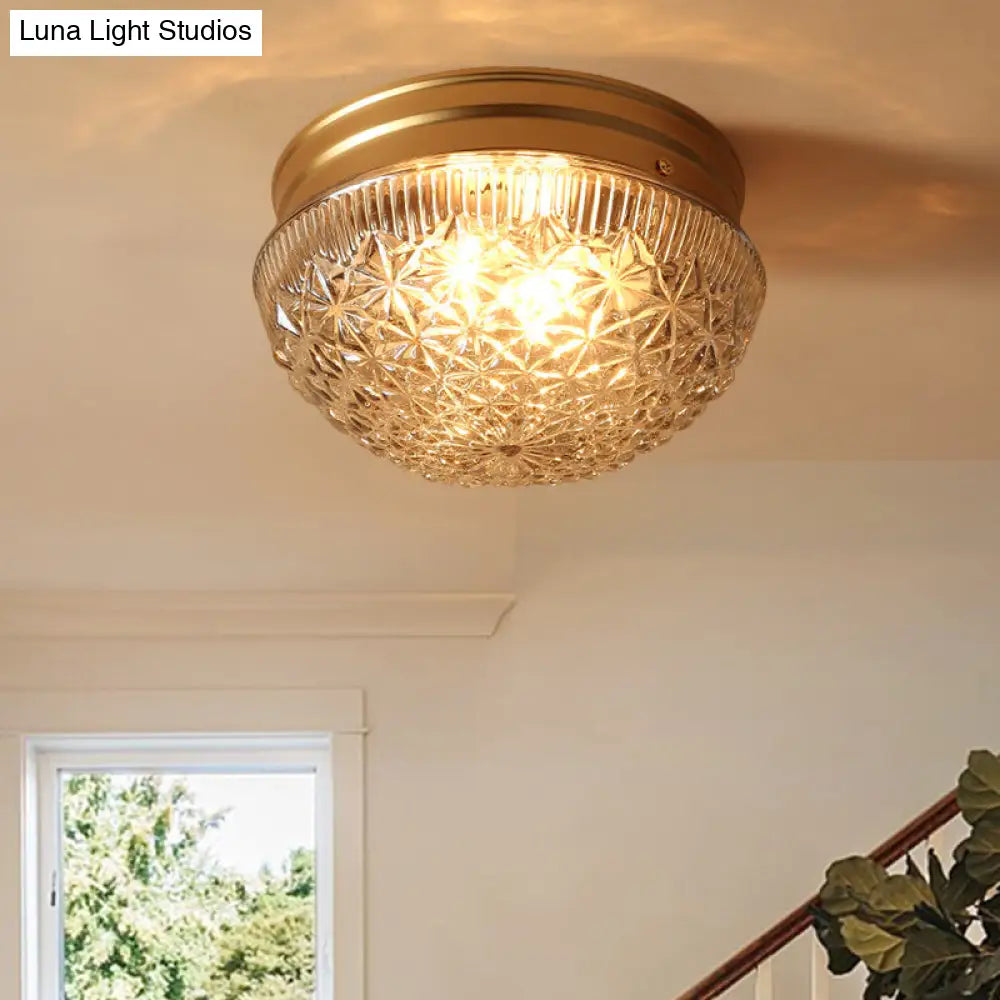 Colonial Gold Flush Mount Ceiling Light Fixture With Clear Ribbed Glass For Bedroom - Set Of 2 Bulbs