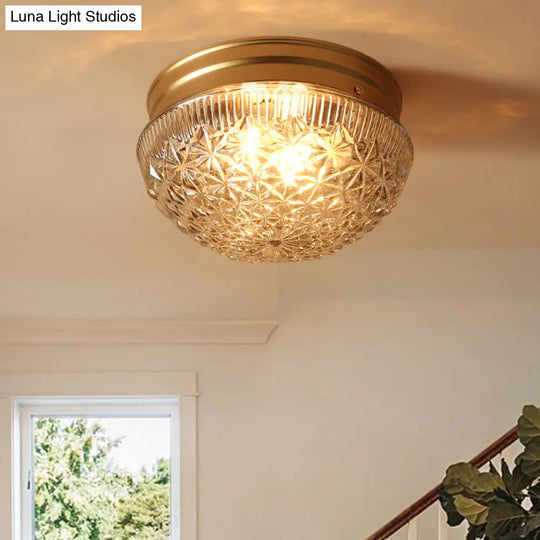 Colonial Gold Flush Mount Ceiling Light Fixture With Clear Ribbed Glass For Bedroom - Set Of 2 Bulbs