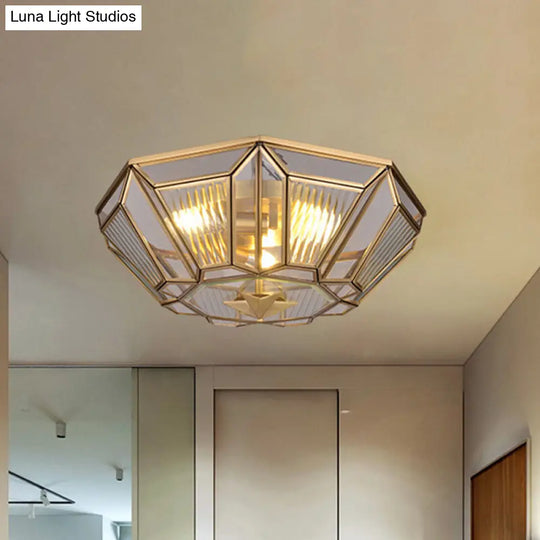 Colonial Gold Geometric Glass Flush Light - 3-Light Ceiling Mount For Bedroom