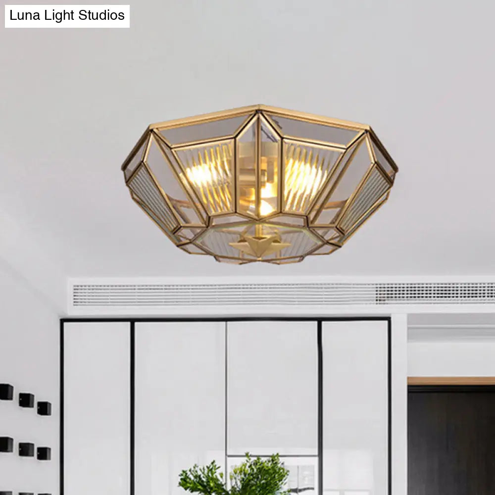 Colonial Gold Geometric Glass Flush Light - 3-Light Ceiling Mount For Bedroom
