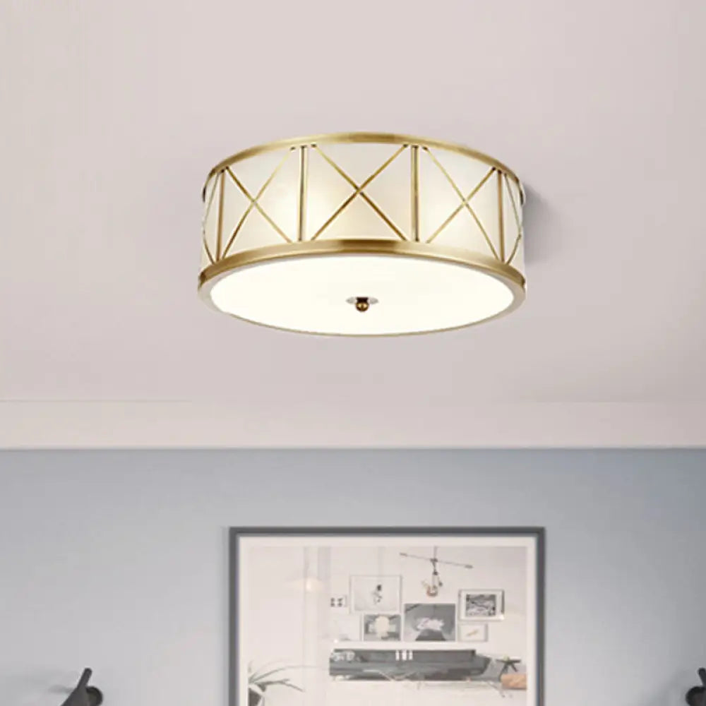 Colonial Gold Glass Ceiling Lamp With Trellis Cage - Bedroom Flush Light 3 /