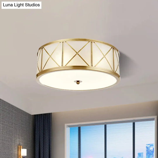 Colonial Gold Glass Ceiling Lamp With Trellis Cage - Bedroom Flush Light