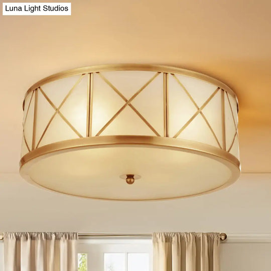 Colonial Gold Glass Ceiling Lamp With Trellis Cage - Bedroom Flush Light