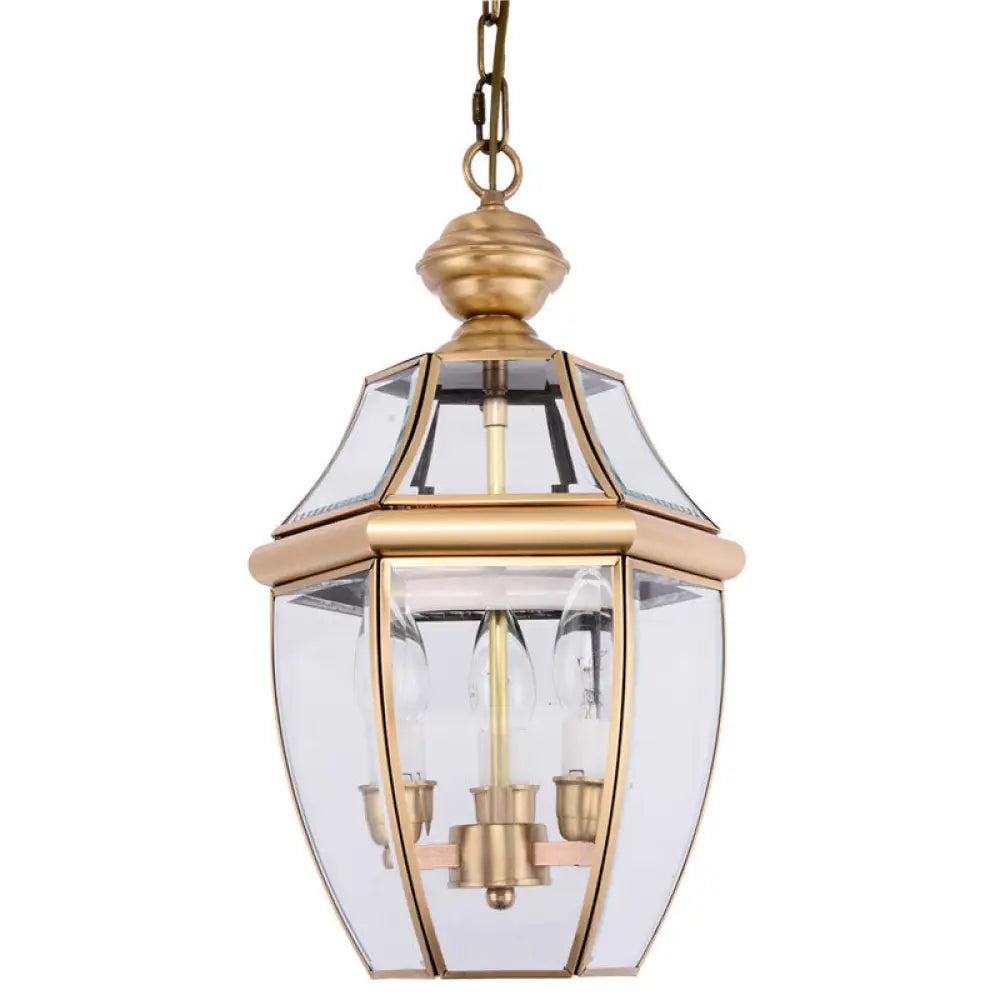 Colonial Gold Lantern Pendant Light With Clear Glass Chandelier For Hallway - Set Of 3 Bulbs