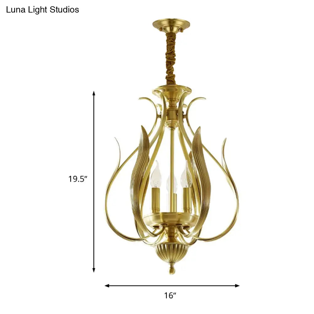 Colonial Gold Metal Candle Chandelier: 3-Bulb Hanging Lamp For Restaurants