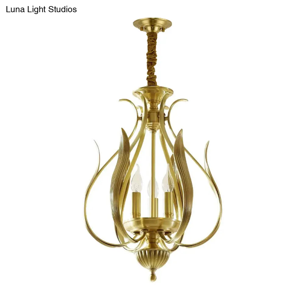 Colonial Gold Metal Candle Chandelier: 3-Bulb Hanging Lamp For Restaurants