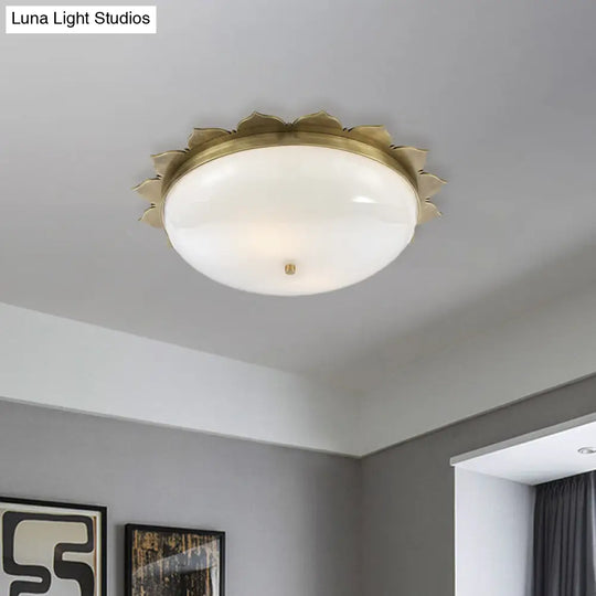 Colonial Gold Opal Glass Ceiling Light With Bowl Shape - 3 Heads Flush Mount For Bedroom