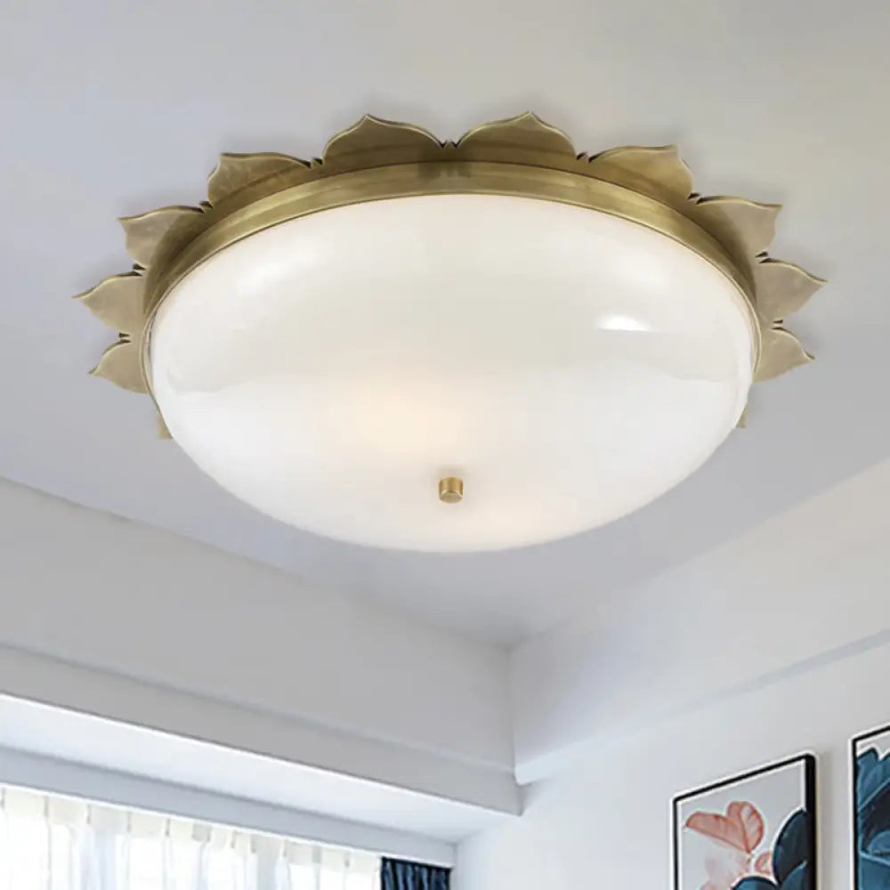 Colonial Gold Opal Glass Ceiling Light With Bowl Shape - 3 Heads Flush Mount For Bedroom