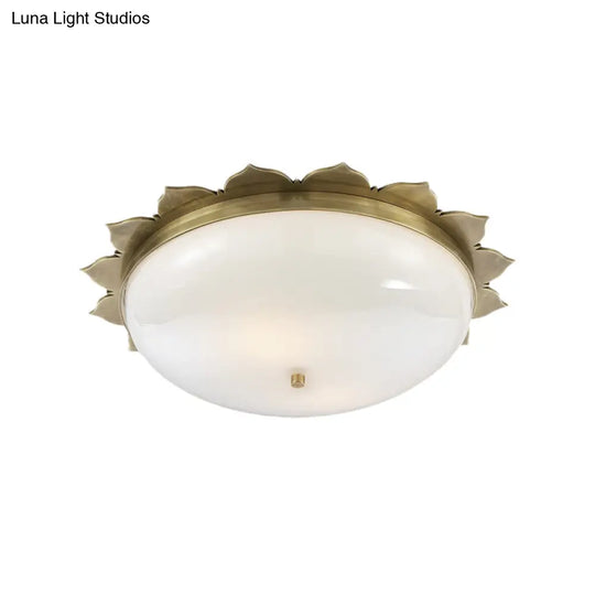 Colonial Gold Opal Glass Ceiling Light With Bowl Shape - 3 Heads Flush Mount For Bedroom