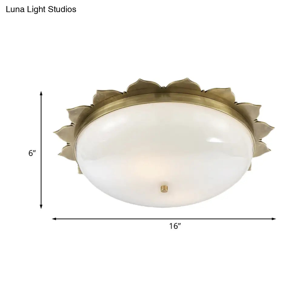 Colonial Gold Opal Glass Ceiling Light With Bowl Shape - 3 Heads Flush Mount For Bedroom
