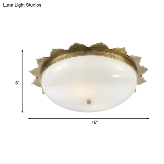 Colonial Gold Opal Glass Ceiling Light With Bowl Shape - 3 Heads Flush Mount For Bedroom