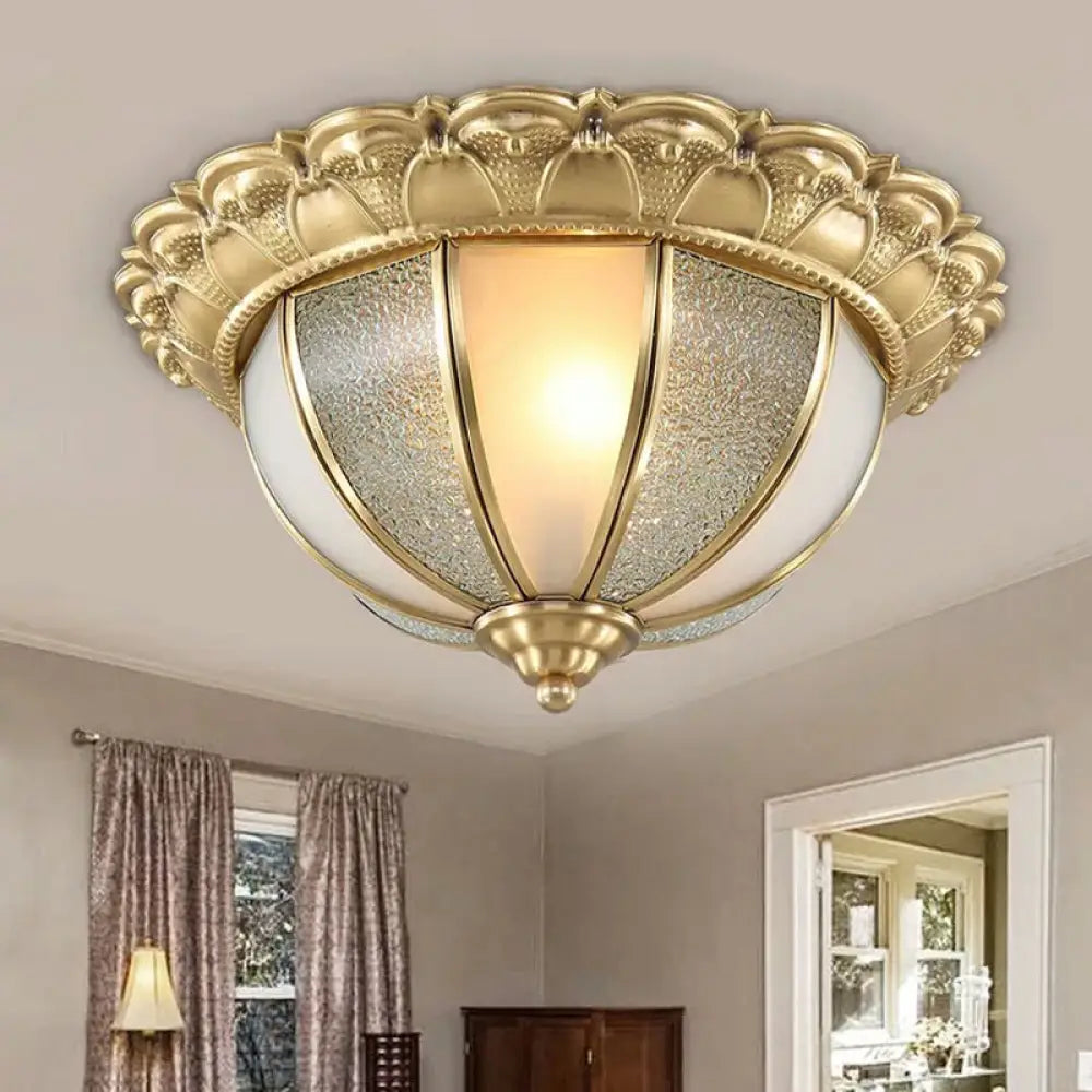 Colonial Gold & White Flush Ceiling Light With Textured Glass - 2-Bulb Domed Mount