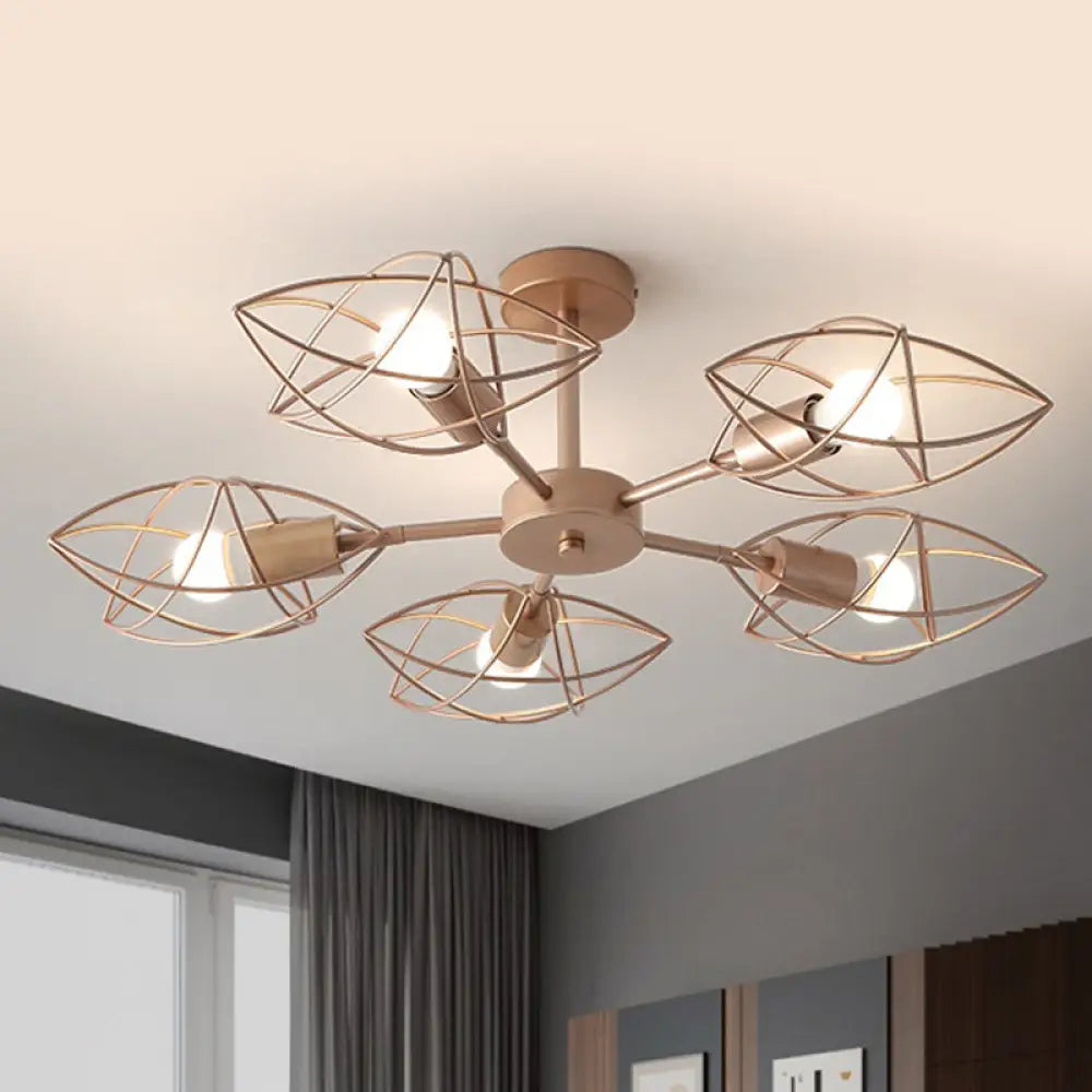 Colonial Iron Star Cage Gold Semi Flush Mount - 5 - Light Close To Ceiling Lighting Fixture For