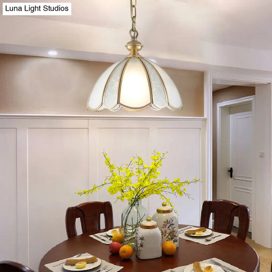 Colonial Kitchen Pendant Light With Scallop White Glass Shade