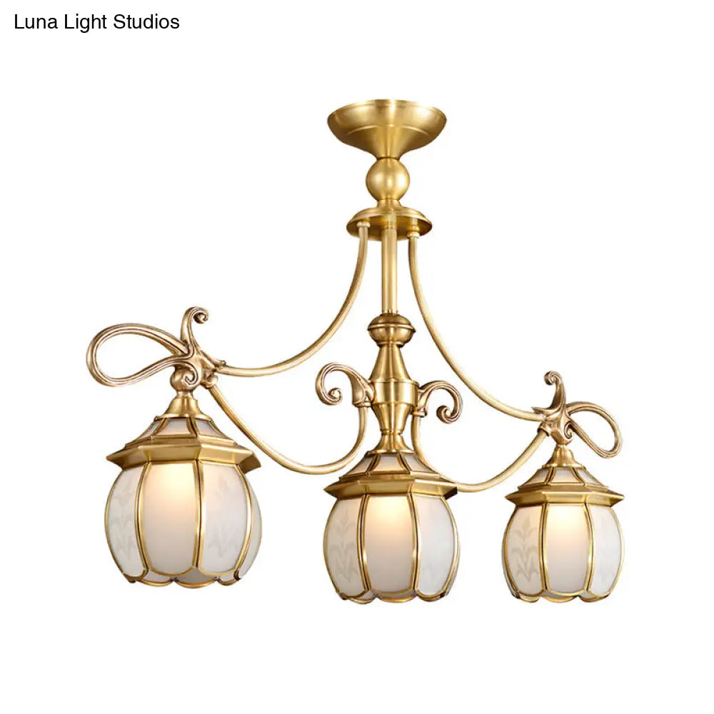 Colonial Lantern Island Light Fixture - 3-Light Ivory Glass Suspension Pendant In Gold For Dining