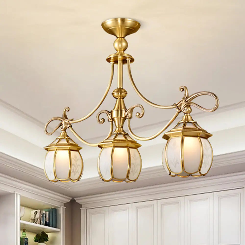 Colonial Lantern Island Light Fixture - 3-Light Ivory Glass Suspension Pendant In Gold For Dining