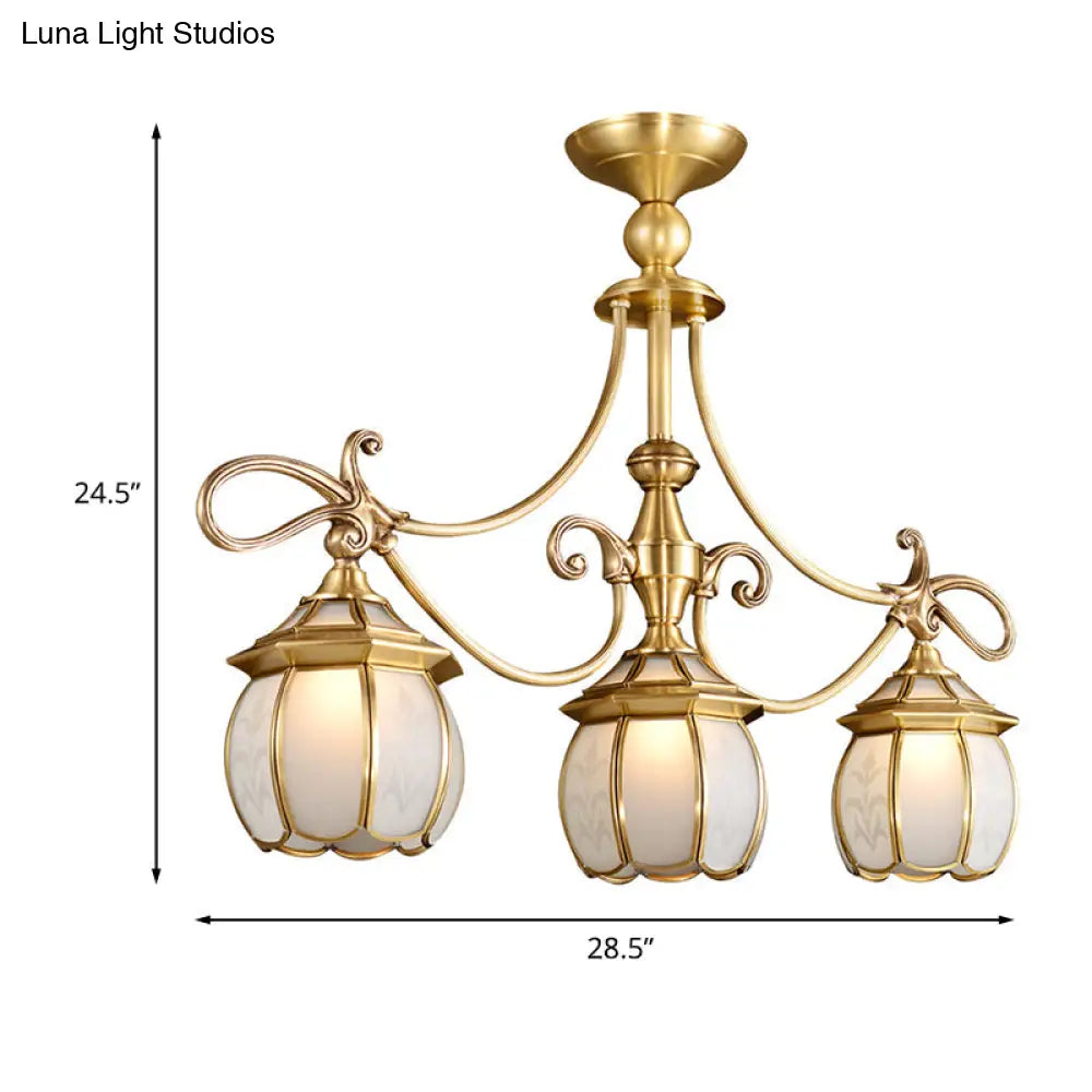 Colonial Lantern Island Light Fixture - 3-Light Ivory Glass Suspension Pendant In Gold For Dining