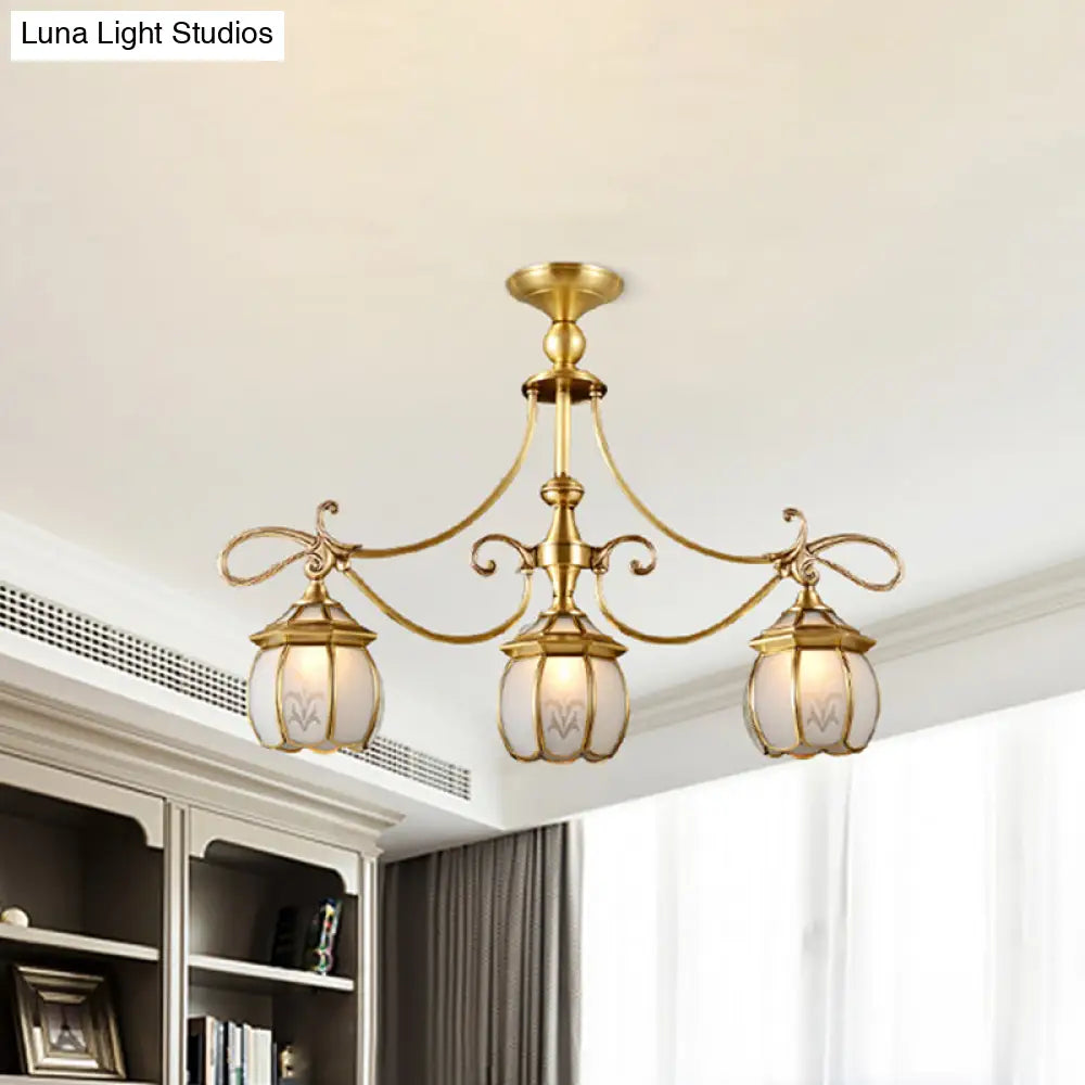 Colonial Lantern Island Light Fixture - 3-Light Ivory Glass Suspension Pendant In Gold For Dining