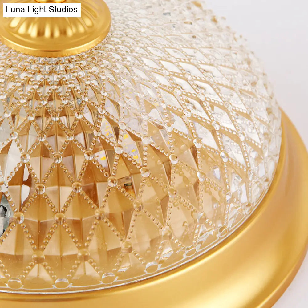Colonial Lattice Glass Dome Flush Mount Light With 2 Bulbs - Brass Ceiling Lighting Fixture