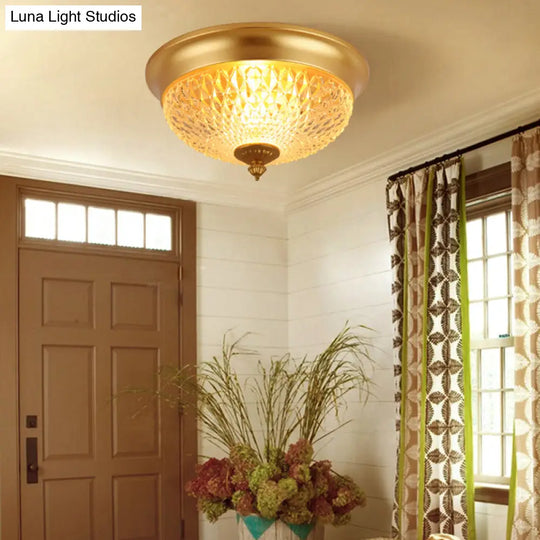 Colonial Lattice Glass Dome Flush Mount Light With 2 Bulbs - Brass Ceiling Lighting Fixture