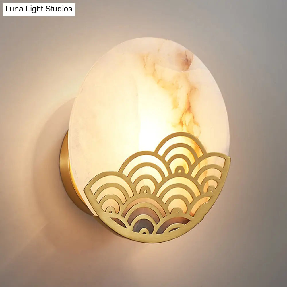 Colonial Marble Circle Wall Lamp - Gold Single Light Sconce 8/10 Width