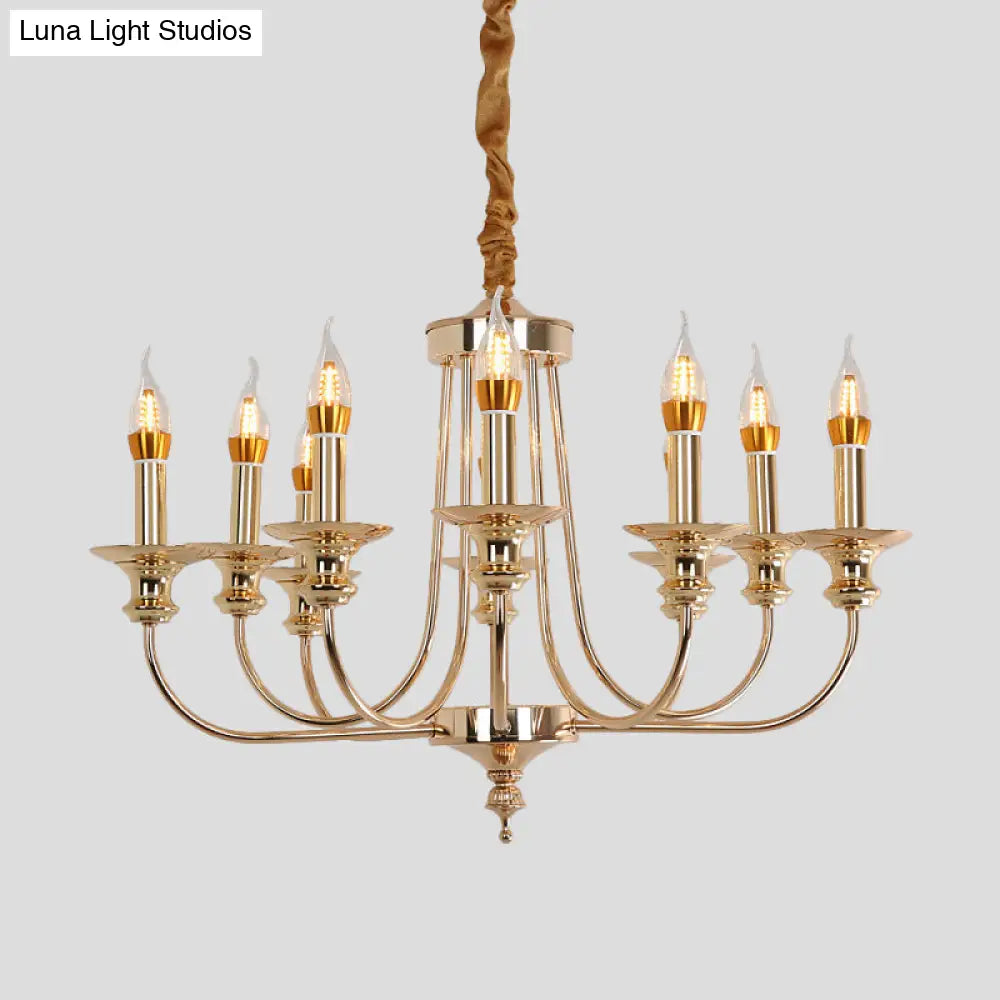 Colonial Metal Candelabra Chandelier: 10-Light Gold Pendant With Curvy Arm For Living Room