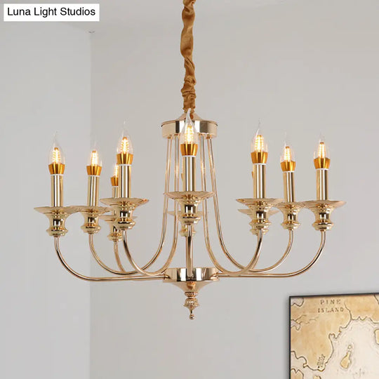 Colonial Metal Candelabra Chandelier: 10-Light Gold Pendant With Curvy Arm For Living Room