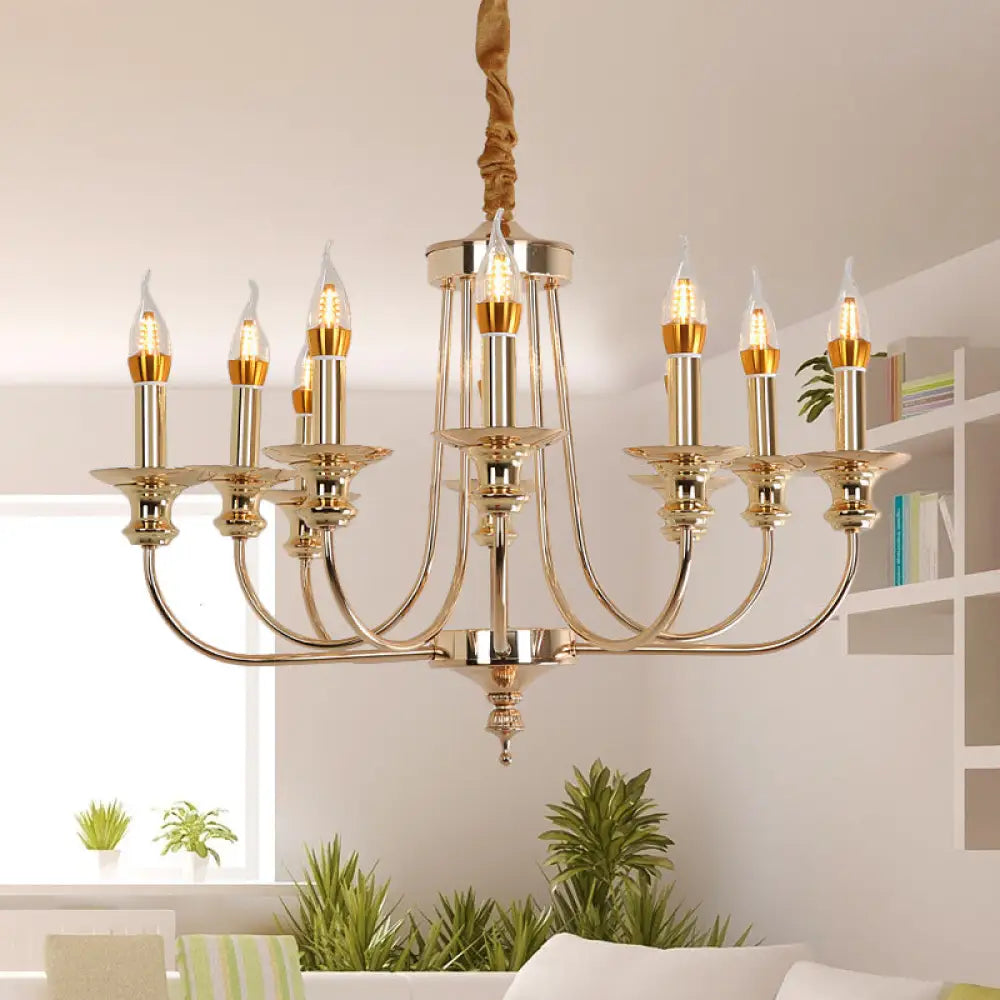 Colonial Metal Candelabra Chandelier: 10-Light Gold Pendant With Curvy Arm For Living Room