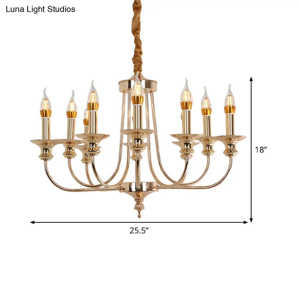 Colonial Metal Candelabra Chandelier: 10-Light Gold Pendant With Curvy Arm For Living Room