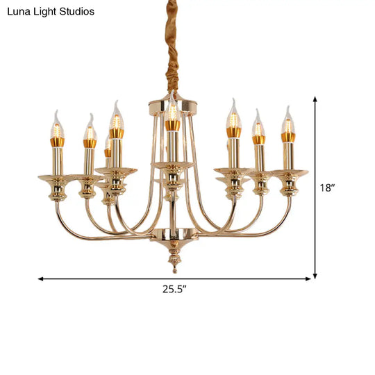 Colonial Metal Candelabra Chandelier: 10-Light Gold Pendant With Curvy Arm For Living Room