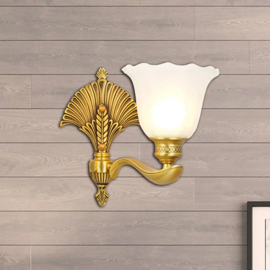 Colonial Milk Glass Bedroom Sconce With Scalloped Design And Gold Finish 1 /