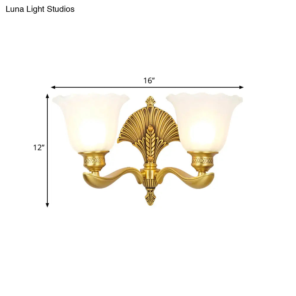 Colonial Milk Glass Bedroom Sconce With Scalloped Design And Gold Finish