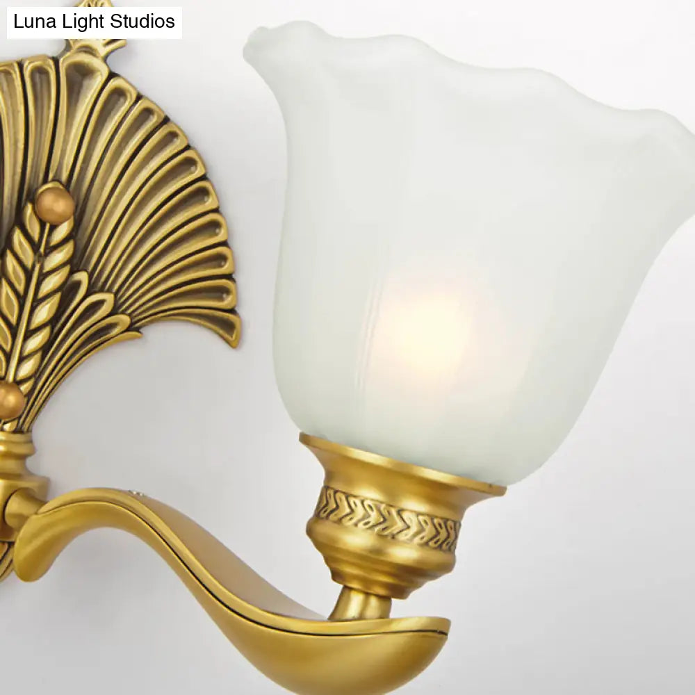 Colonial Milk Glass Bedroom Sconce With Scalloped Design And Gold Finish