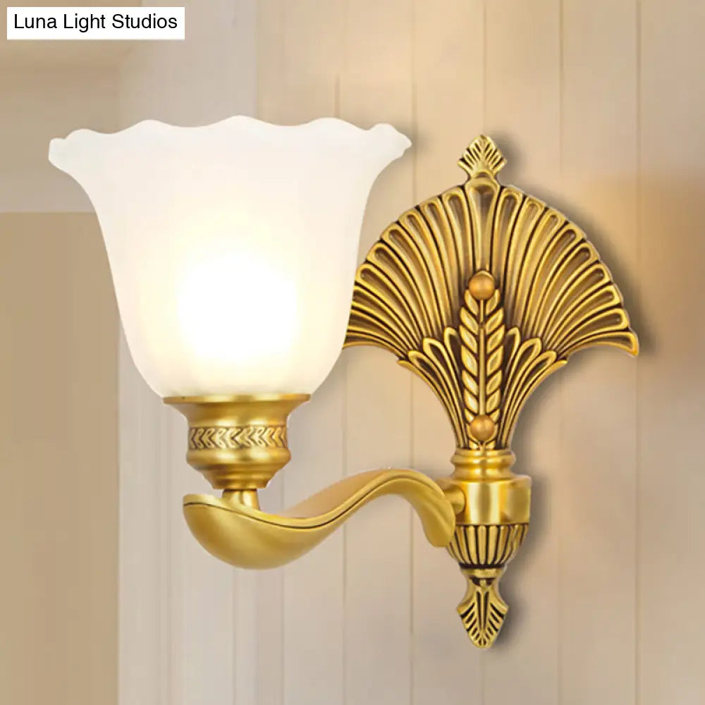 Colonial Milk Glass Bedroom Sconce With Scalloped Design And Gold Finish