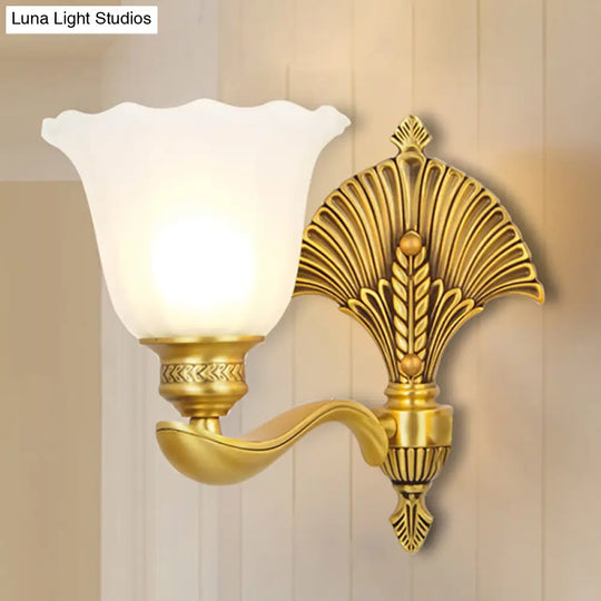 Colonial Milk Glass Bedroom Sconce With Scalloped Design And Gold Finish