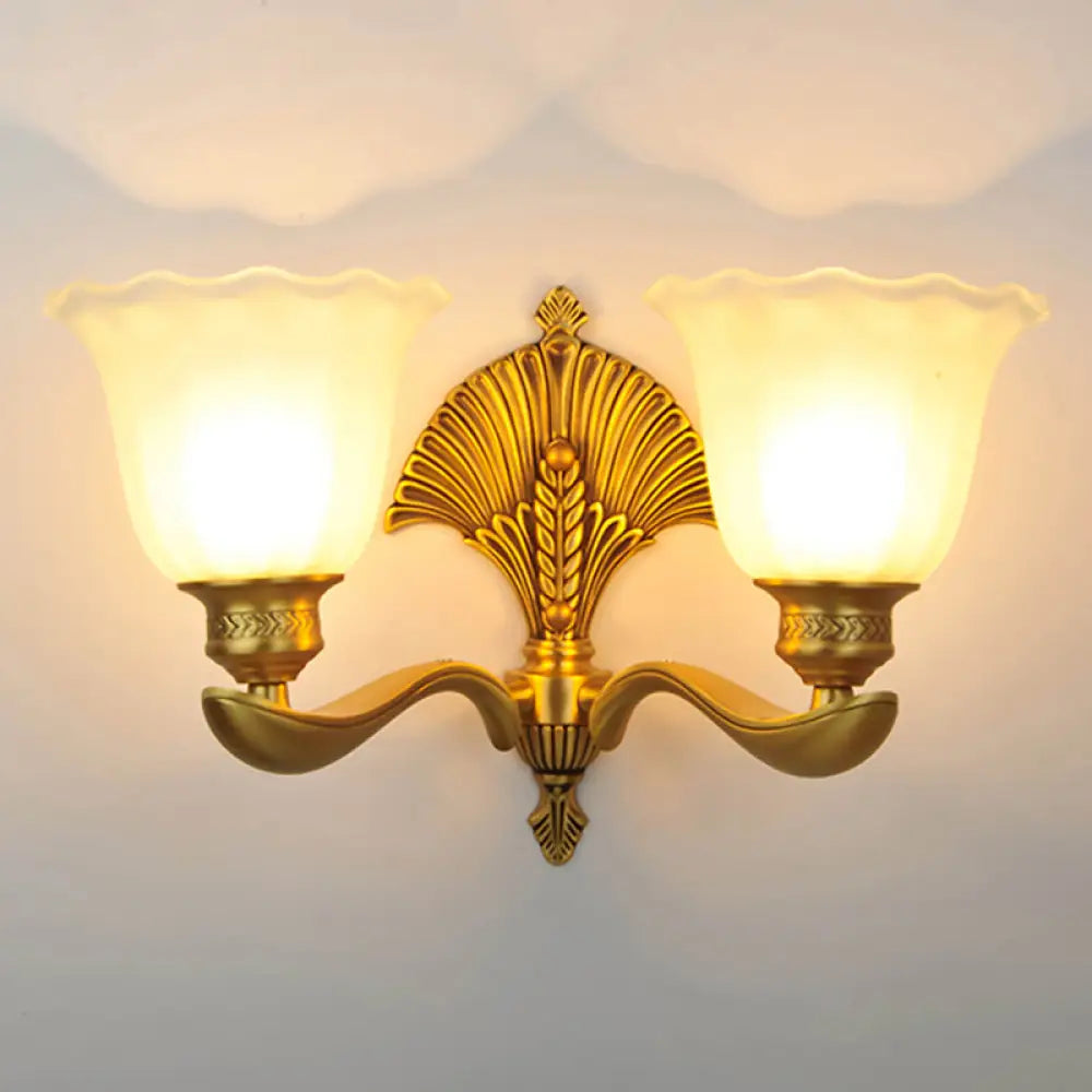 Colonial Milk Glass Bedroom Sconce With Scalloped Design And Gold Finish 2 /